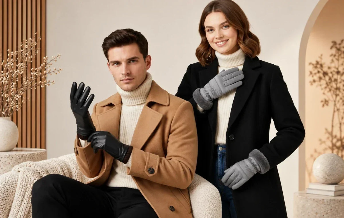 Stylish man and woman wearing leather gloves and winter coats, showcasing proper leather glove care and winter fashion.