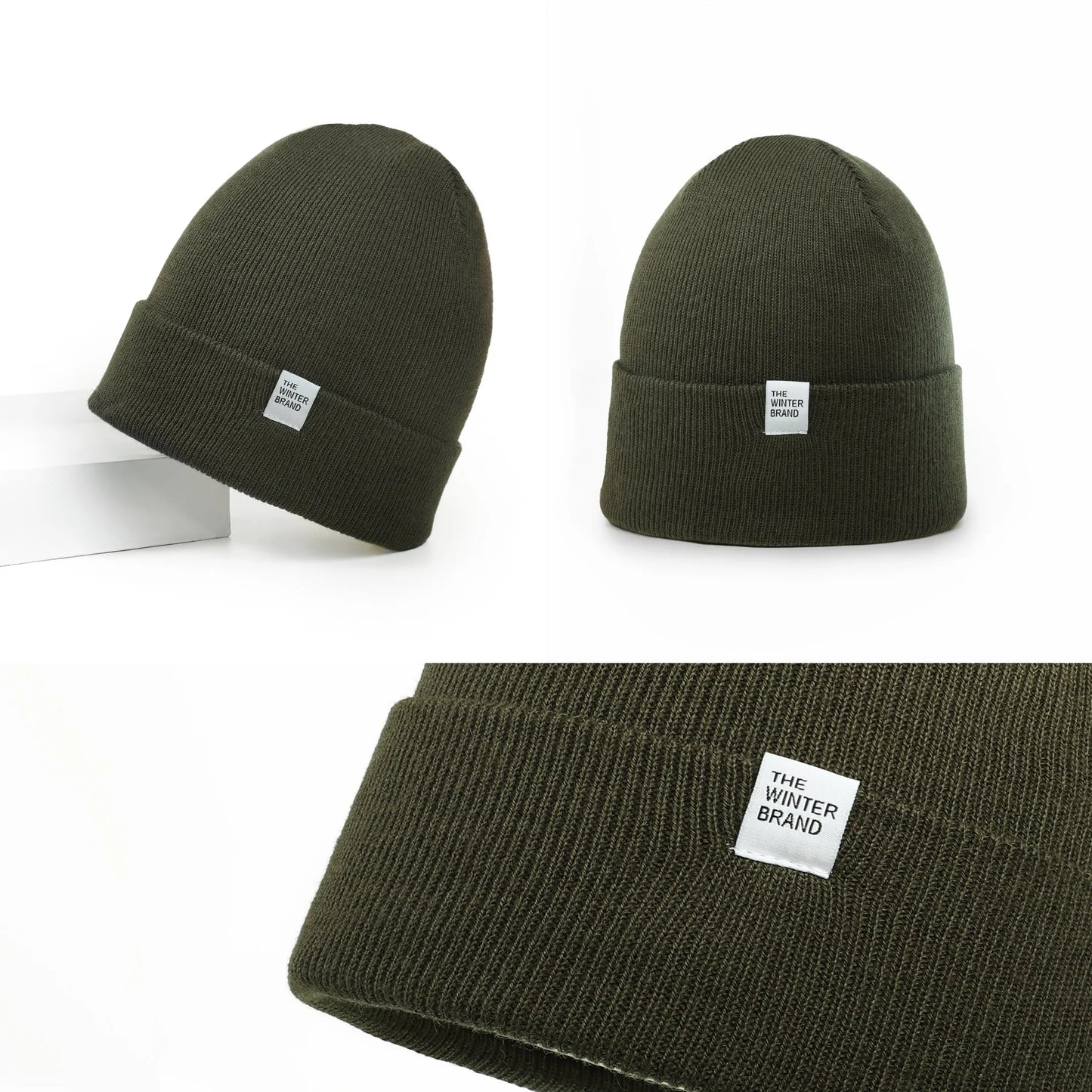 Green beanie with a brand label on a white background