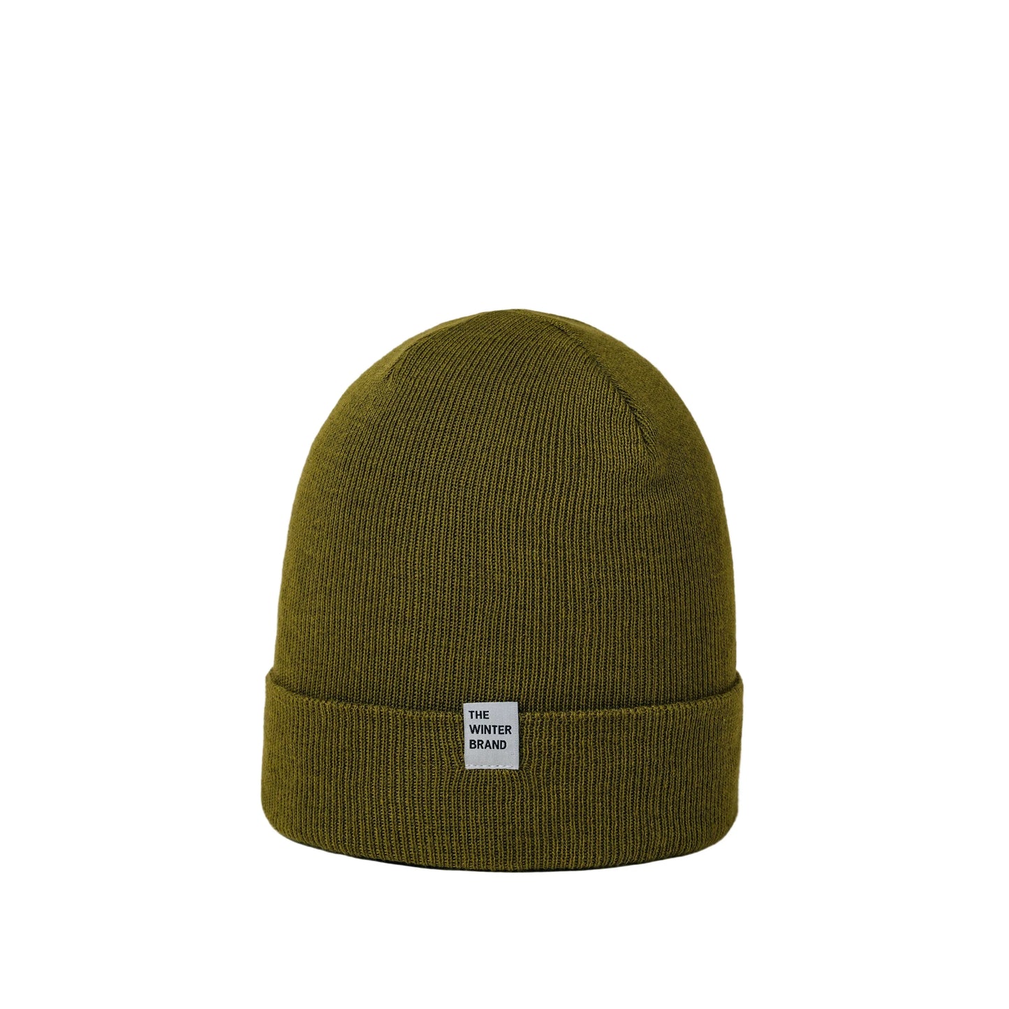 Green beanie with a brand label on a white background