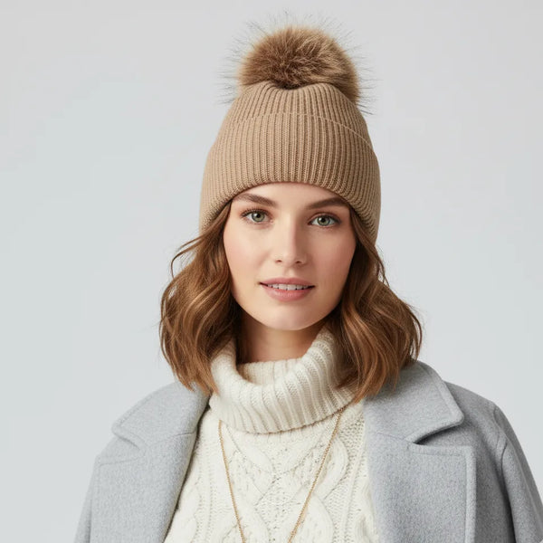 Flare Tan Wool Pompom Beanie display picture 1